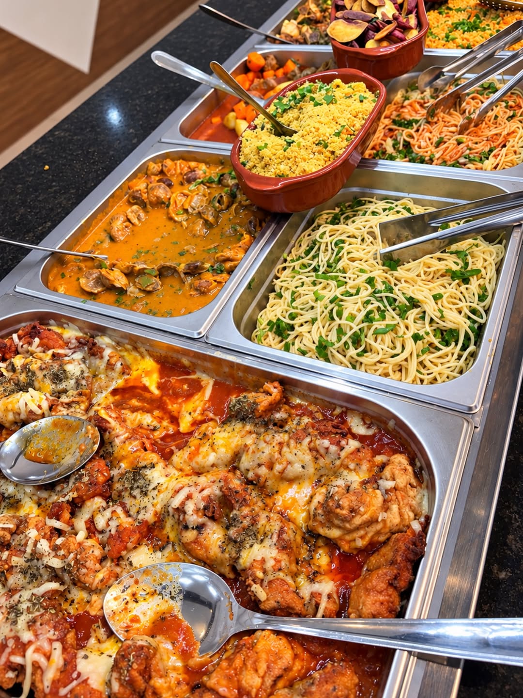 Variedade de pratos servidos no buffet do restaurante