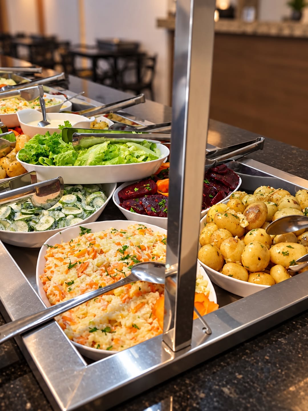 Saladas e acompanhamentos variados no buffet