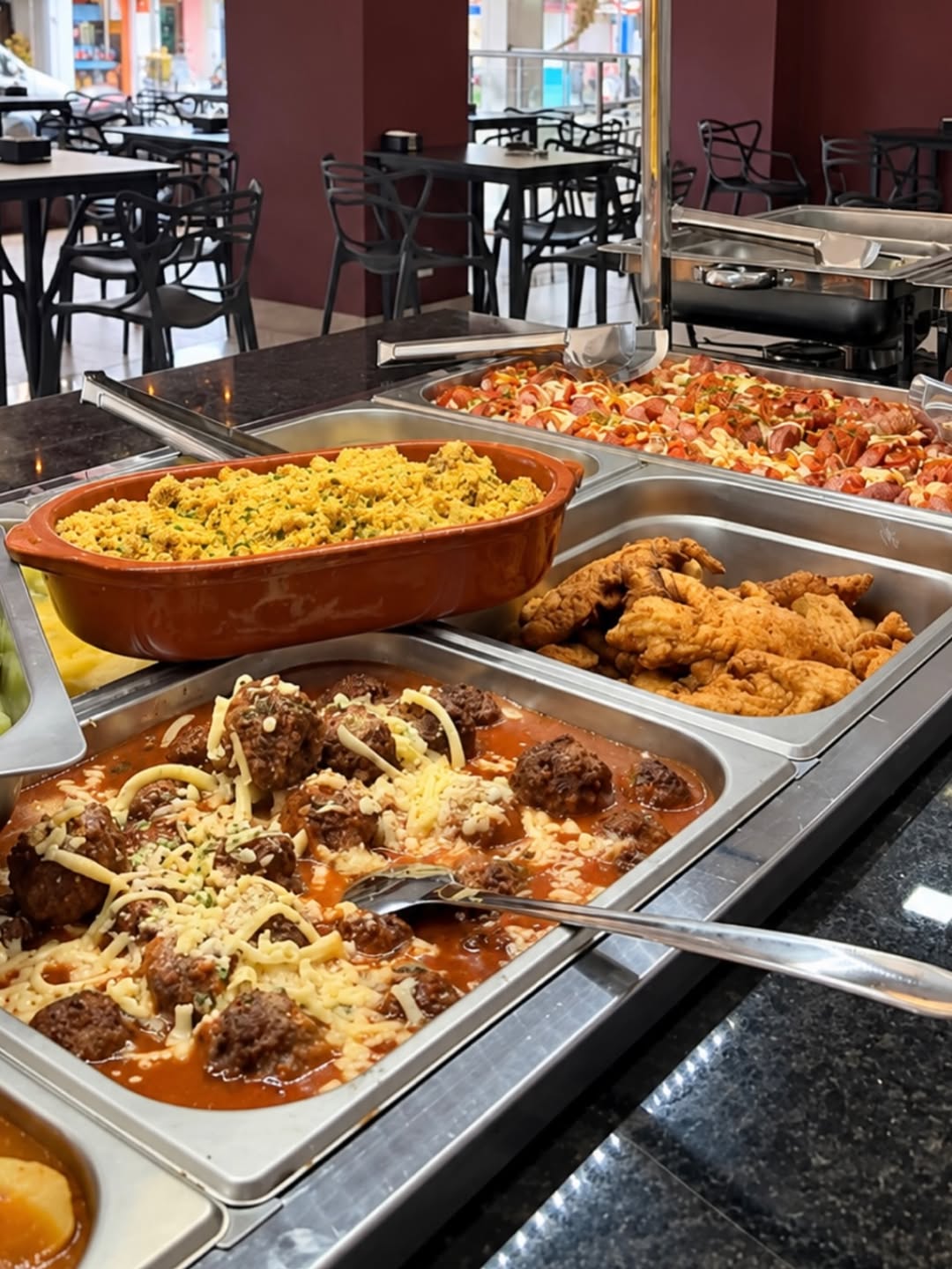 Carnes e acompanhamentos servidos no buffet
